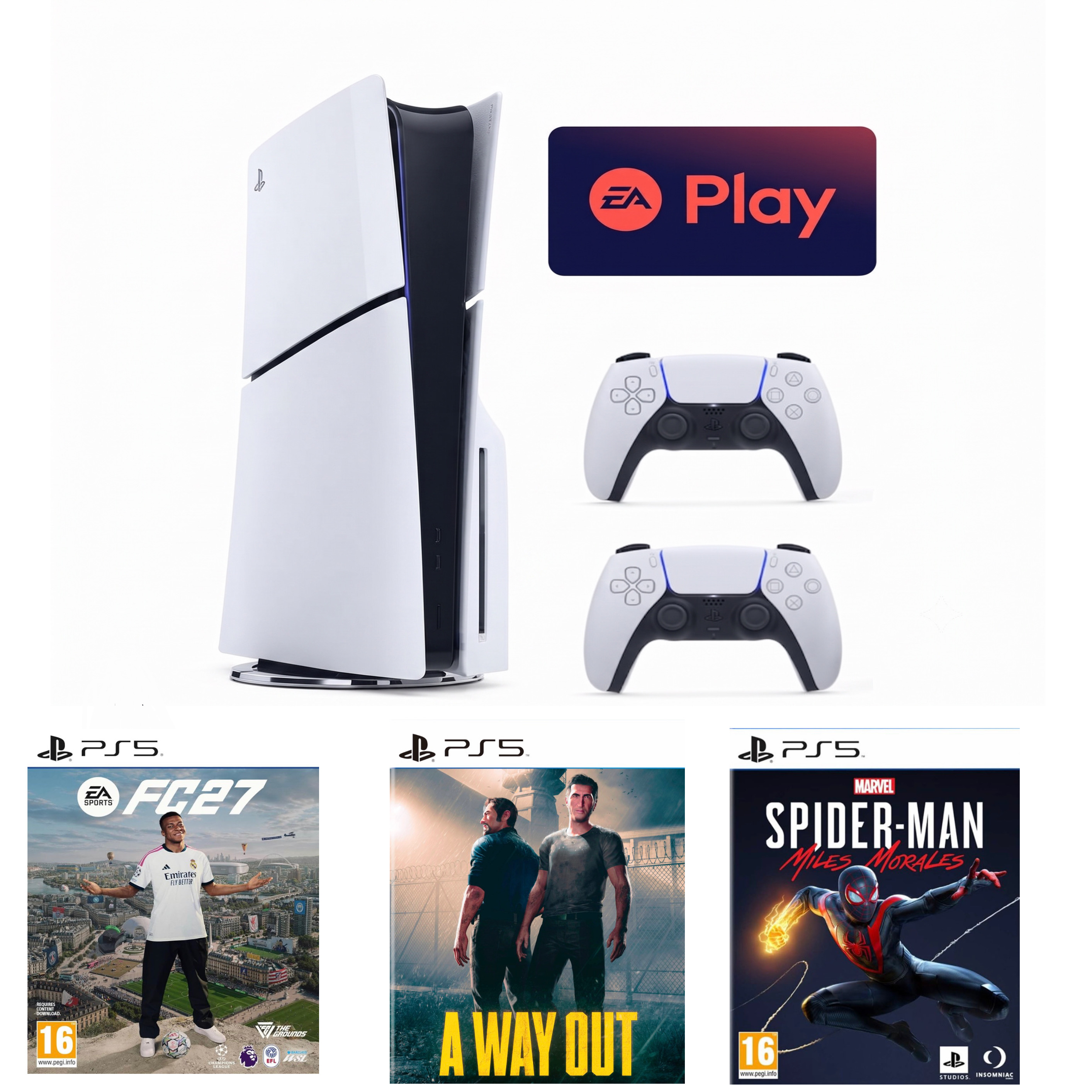 PlayStation 5 two DualSense controllers, EA Play access, and hit titles including EA Sports FC27, A Way Out, and Spider-Man: Miles Morales